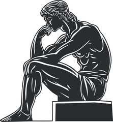 Black and white illustration of a muscular man sitting and thinking in a classic sculpture style.