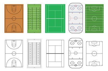 Set of sport field. Handball, basketball, volleyball, tennis, futsal and mini football court. Ice hockey rink. Rugby, soccer, american football field. Line art style.