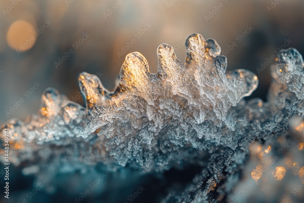 Poster a macro shot reveals intricate ice crystals formed on a surface, illuminated with golden light, crea