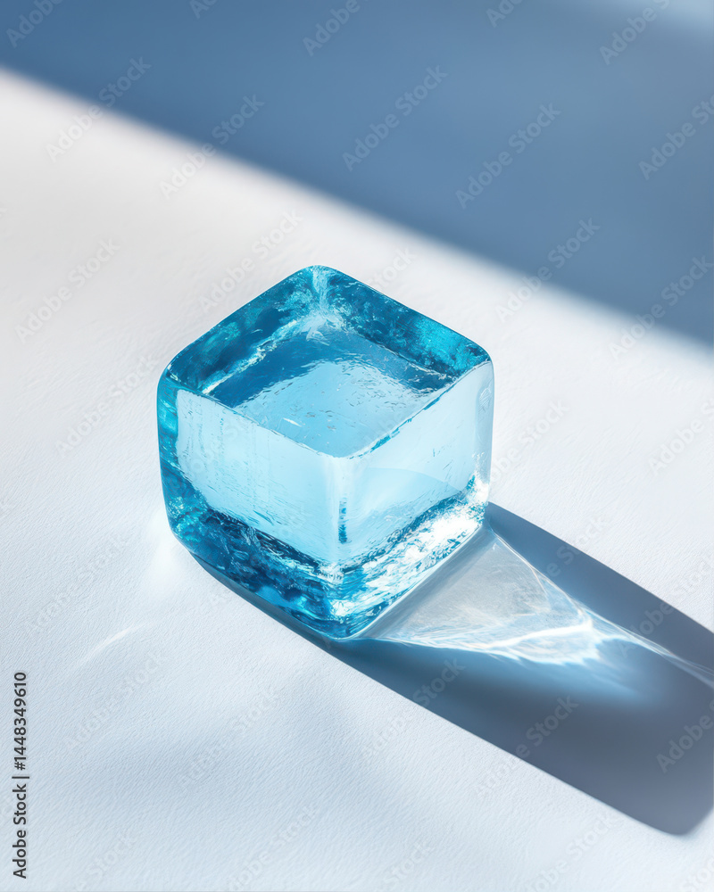 Aufkleber close-up view of a transparent ice cube on a smooth surface with natural lighting
