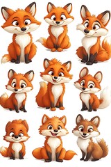 Playful cartoon foxes with varied expressions and poses in a grid pattern.