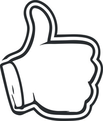 Black and white outline illustration of a hand showing thumbs up gesture symbolizing approval and positive feedback