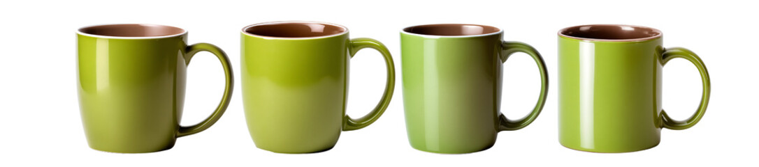 High-quality PNG file featuring a set of green ceramic mugs with a transparent background, Perfect for digital design, mockups, or product presentations. Clean Studio Shot