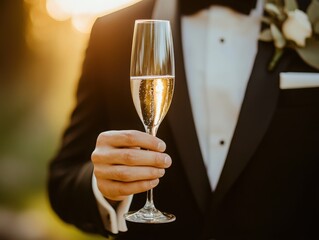 Groom in black tuxedo raising a champagne glass under golden lighting, refined wedding portrait capturing sophistication, celebration, and formal elegance in luxurious reception setting
