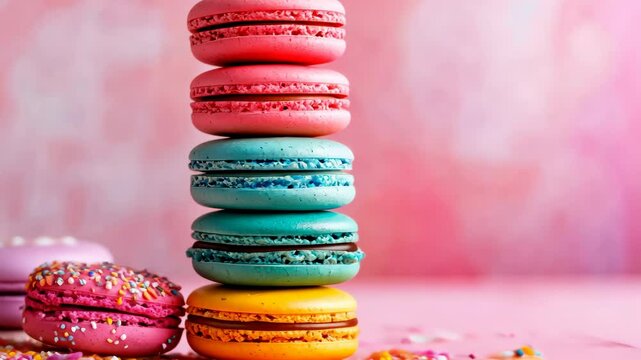 Colorful macarons stack with sprinkles on bright pink background