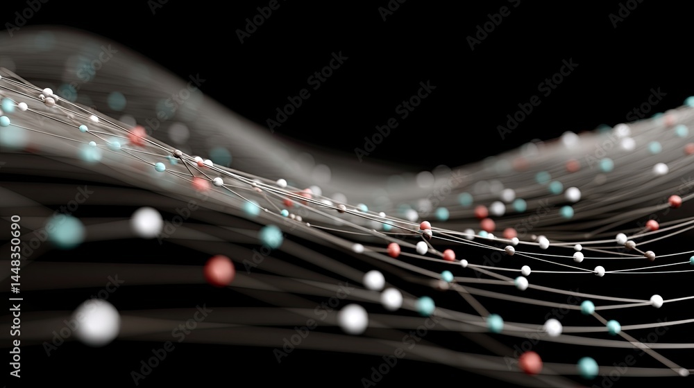 Poster glowing blue and pink dots move across a dark background, representing data visualization in a digit