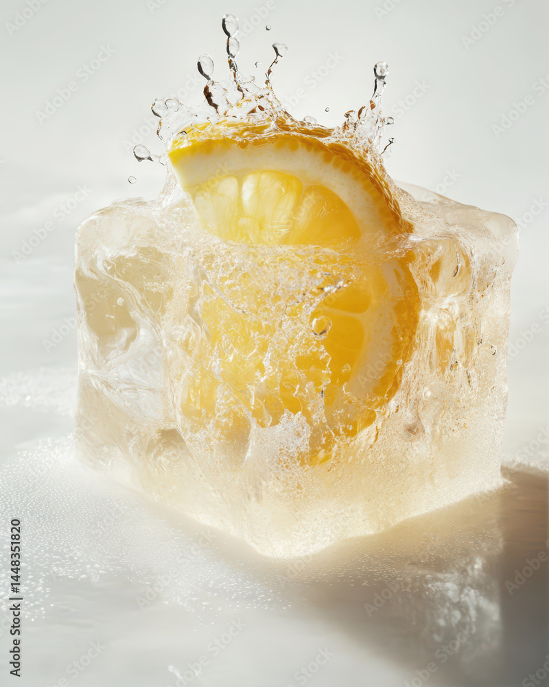Poster sliced lemon splashes into ice, creating a refreshing moment in mid-air