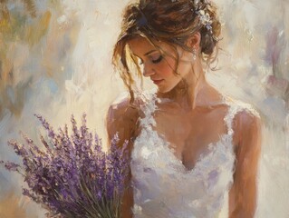 Impressionist oil painting of a bride with a lavender bouquet, rich textured brushstrokes and warm earthy tones evoke vintage elegance, romantic charm, and timeless floral bridal beauty
