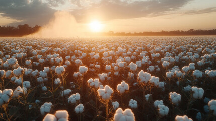Obraz premium drone spraying cotton field, white flowers and mist cloud combination