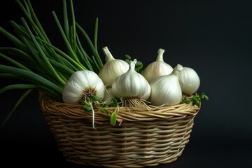 Garlic and Spring Onions in a Rustic Basket