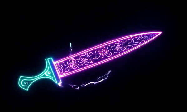 Neon sword design with floral patterns illuminated against a dark backdrop, showcasing vibrant colors