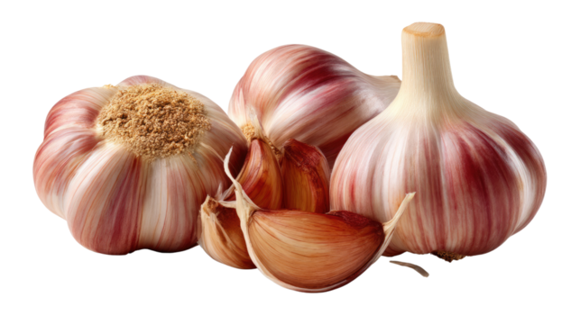 Garlic: Close-up shot of whole garlic bulbs and cloves, showcasing the intricate textures and freshness of the culinary herb, perfect for illustrating food, health, and cooking themes.