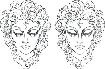 Black and white line art illustration of two elegant female faces with floral head decorations and serene expressions.