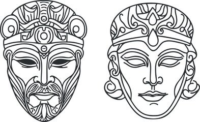 Black and white line art illustration of two traditional tribal masks with ornamental designs and facial features