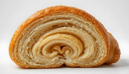 Fototapeta premium Close-up of a croissant with flaky layers and golden crust, soft lighting, isolated on a pure white background
