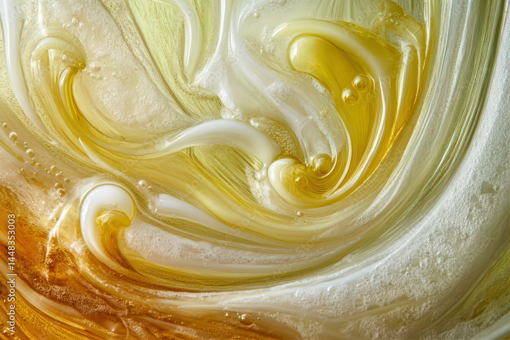 Poster swirling patterns of olive oil and translucent gel create a captivating visual display