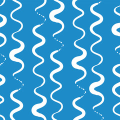 Blue white wiggle paintbrush strokes vertical stripes. Vector pattern background. Nautical theme. Striped ocean waves, wobbly lines. Irregular marine look backdrop. For boy nursery, swimming.