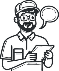 Black and white cartoon illustration of a man holding a tablet and speaking with a speech bubble