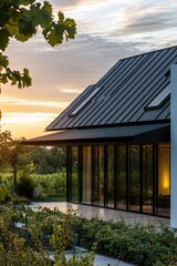 Modern house with glass walls nestled among vineyards during sunset creates a serene atmosphere perfect for evening relaxation and enjoying nature