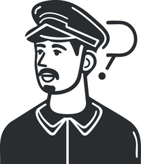 Black and white illustration of a confused man wearing a hat and uniform with a question mark symbol