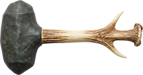 Ancient Stone Hammerhead with Antler Handle Prehistoric Tool Replica Ethnographic Artifact