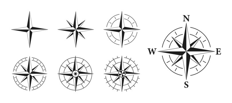 Compass logo. Black compass icons. East, West, North and South