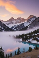 Serene Mountain Lake View Shrouded In Fog At Dawn Alberta Canada
