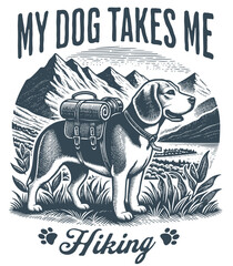 Dog traveler against mountains background.