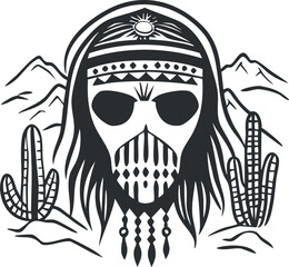 Black and white tribal skull illustration with mask and desert background including cacti and mountains