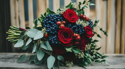 Rustic wedding bouquet featuring dark blue berries, red roses, and rich greenery on wood table, surrounded by soft natural light and shadows, timeless romance and floral texture in moody setting
