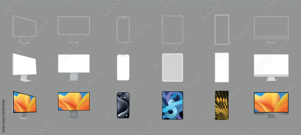 Poster realistic set of 2025 new design thin frame computer monitor, laptop, tablet, smart phone - eps 10 v