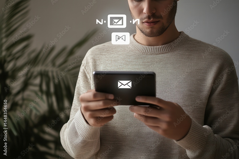 Poster young man using a tablet to check messages in a cozy indoor setting with greenery