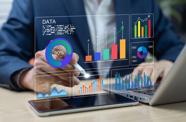 Business data analysis concept, Businessman analysis with big data in dashboard to evaluate...