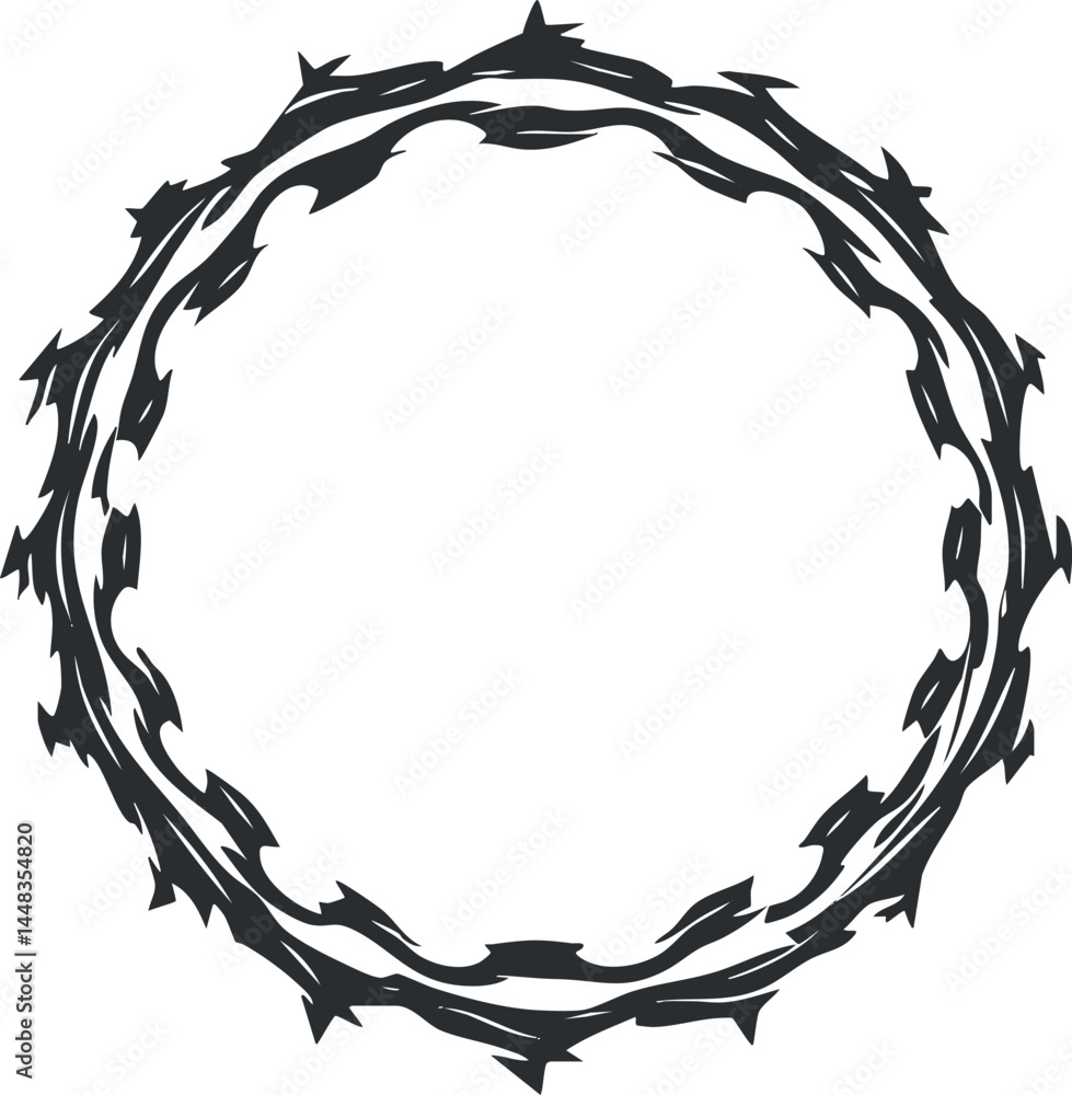 Poster black silhouette of a circular thorn crown with sharp spikes forming a round frame