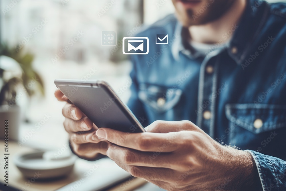 Poster young man using smartphone in a cafe, engaging with digital content while relaxing