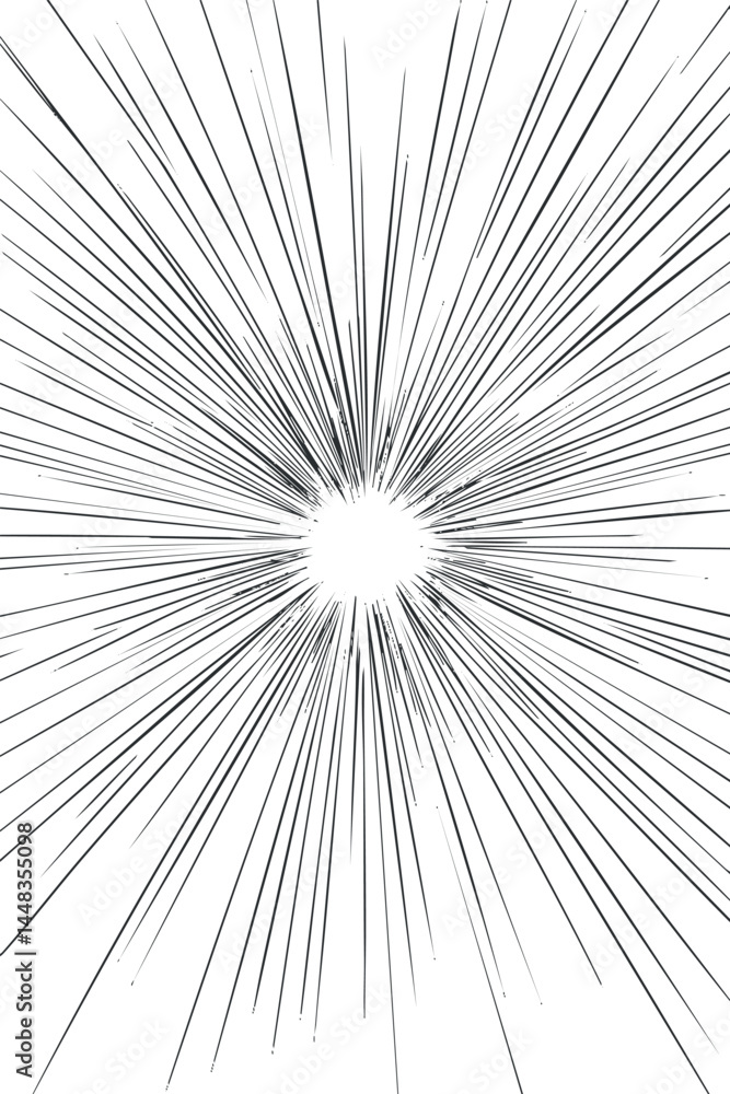 Poster radial burst of thin black lines radiating from center on white background creating dynamic energy e
