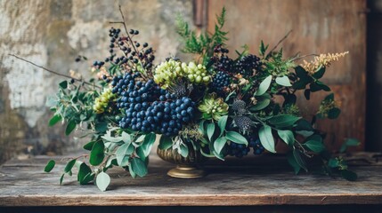 Stylish floral arrangement with dark blue berries and lush greenery placed on rustic table in gentle natural lighting, creating refined organic setting with earthy tones and sophisticated detail
