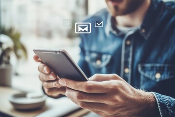 Young man using smartphone in a cafe, engaging with digital content while relaxing