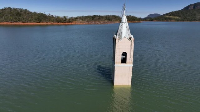 Submerged church tower in Sideropolis, Nova Veneza, Santa Catarina. Flooded church. Aerial view.