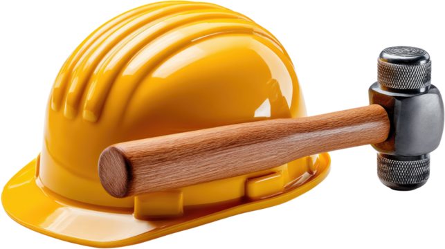 Safety First: A sturdy yellow hardhat rests beside a hammer, symbolizing the commitment to construction and protection in a visual narrative that underscores the importance of safety.