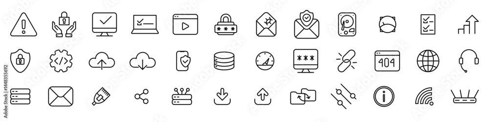 Poster global connection, cloud data technology services, information technology line icons. editable strok