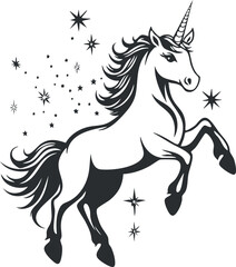 Black and white illustration of a rearing unicorn surrounded by stars symbolizing magic and fantasy