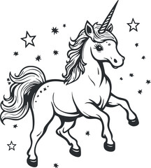 Black and white line art illustration of a playful unicorn surrounded by stars with a flowing mane and tail