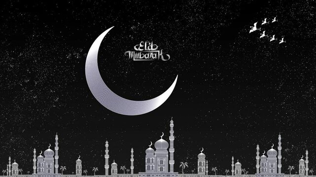 illustration videos of a mosque city with open night sky stars , eid mubarak, ramzan