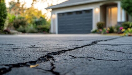 Cracked Asphalt Driveway in Front of House