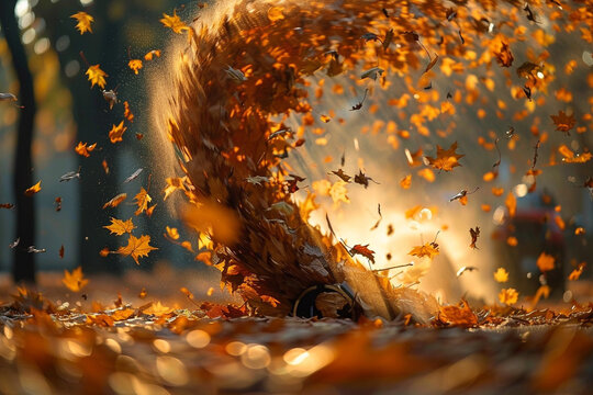 The powerful leaf blower effortlessly creates a swirling vortex of leaves, showcasing the impressive capabilities of modern technology in harmony with the surrounding nature    