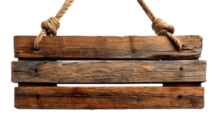 Rustic Wooden Sign: An aged, weathered wooden sign suspended by sturdy rope, perfect for conveying messages with a touch of vintage charm, evoking a sense of nostalgia and authenticity.