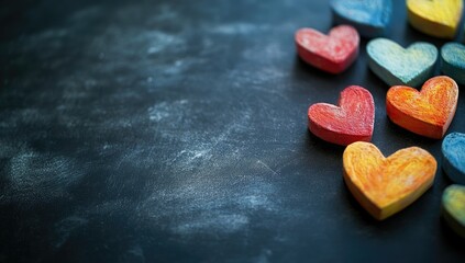 Vibrant painted wooden hearts arranged on a dark surface.