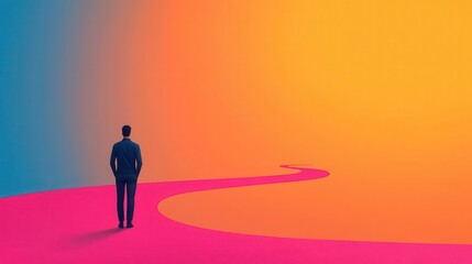 Person standing at a fork in the road with abstract neon pathways extending infinitely, symbolizing choices and logic