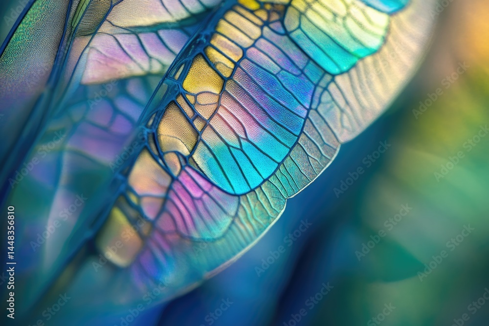 Poster macro shot of a dragonfly wing showing a colorful, iridescent pattern with intricate details and cel